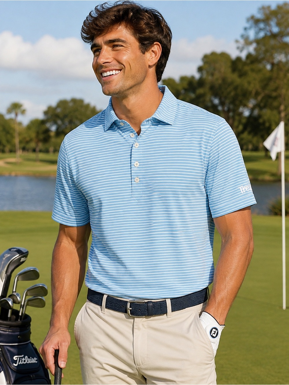 STITCH Golf Men’s Large Blue White Striped Polo Trex Logo Performance Shirt